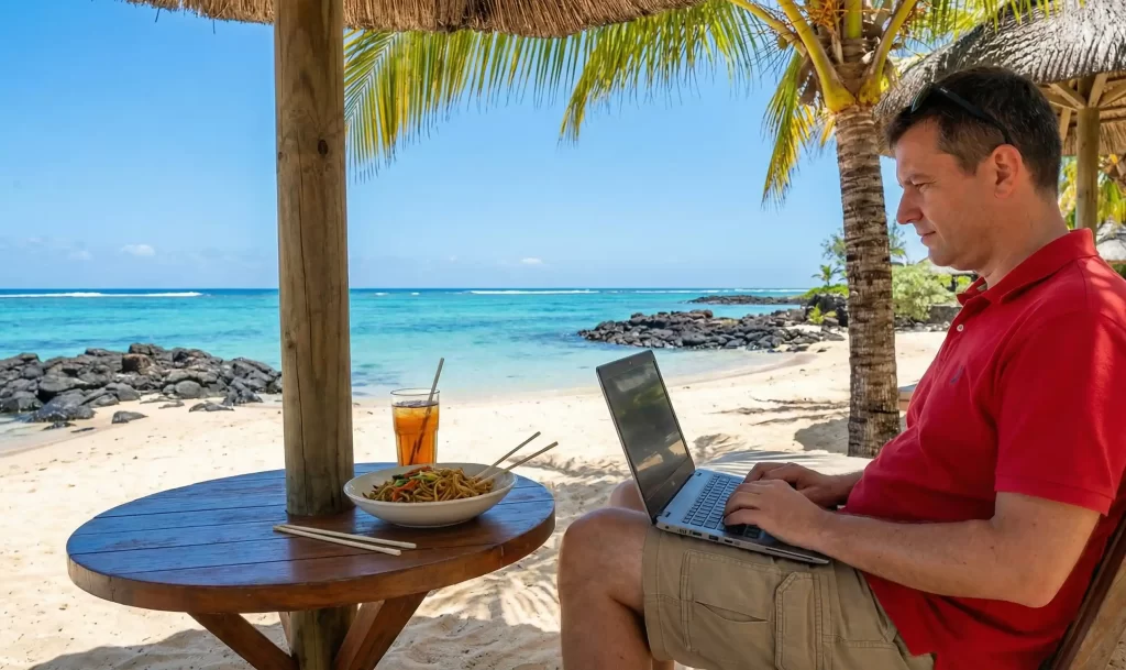 Person working on laptop by beach in Mauritius