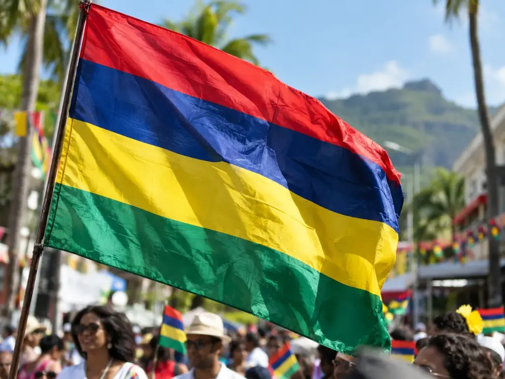 Close-up photograph of the four bands of the Mauritius flag during Independence Day celebrations.