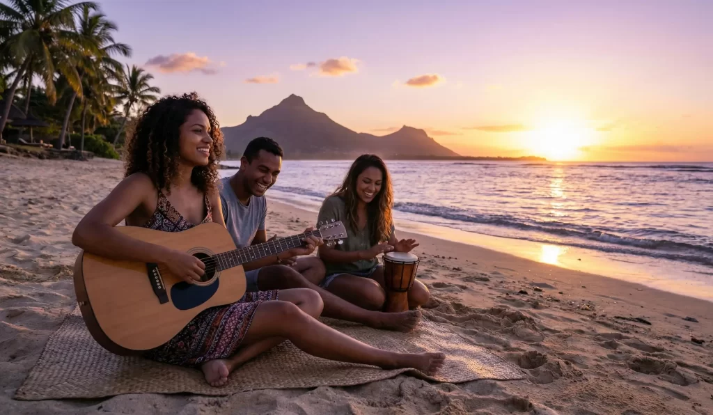 Friends enjoying live music at sunset on a Mauritius beach