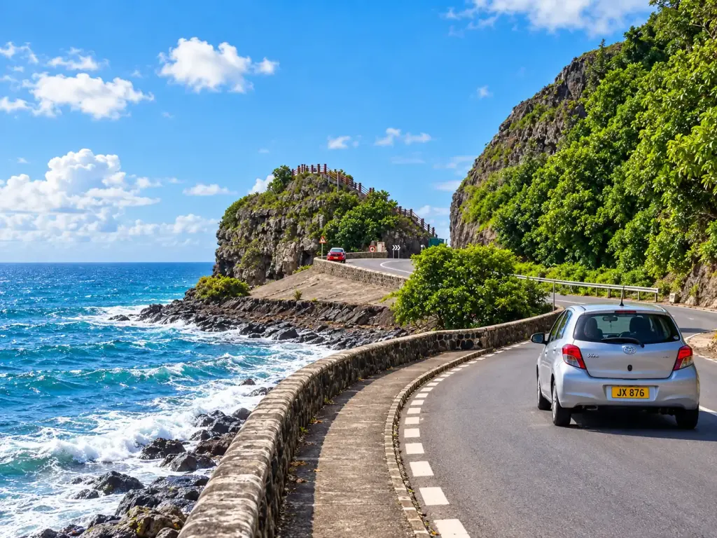 Rental car driving along the Mauritius coastline.