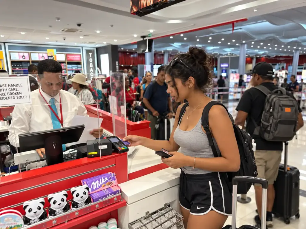 Traveller using a credit card payment at Mauritius Airport