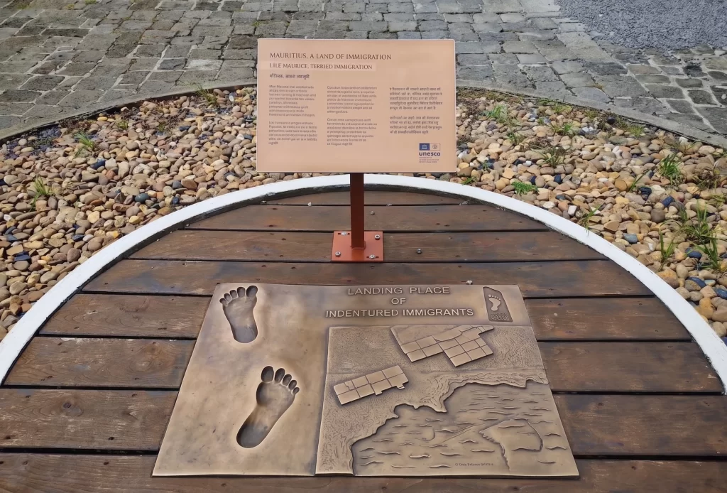 Bronze plaque about indentured immigrants in Aapravasi Ghat, Mauritius