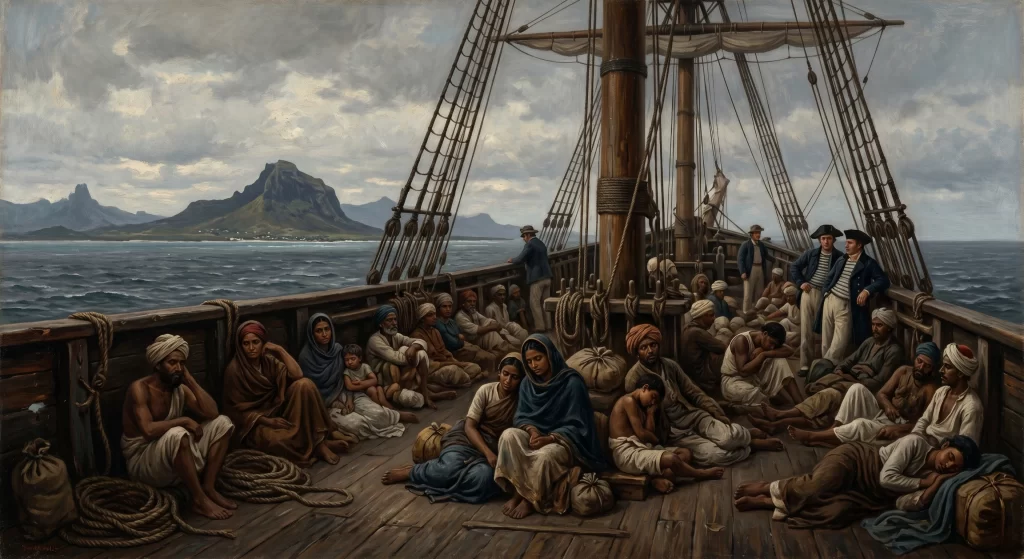 A group of laborers from India being transported by ship to Mauritius.