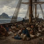 A group of laborers from India being transported by ship to Mauritius.