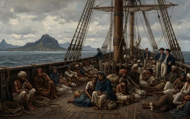 A group of laborers from India being transported by ship to Mauritius.