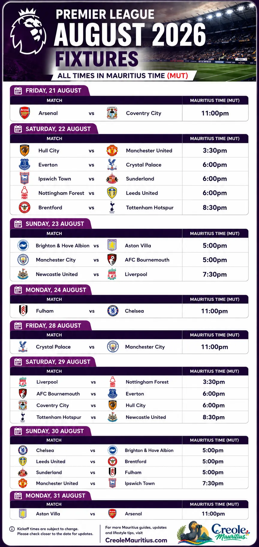 Premier League August 2026 Fixtures in Mauritius Time