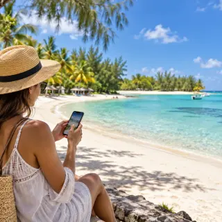 Tourist using an eSIM for mobile internet in Mauritius.