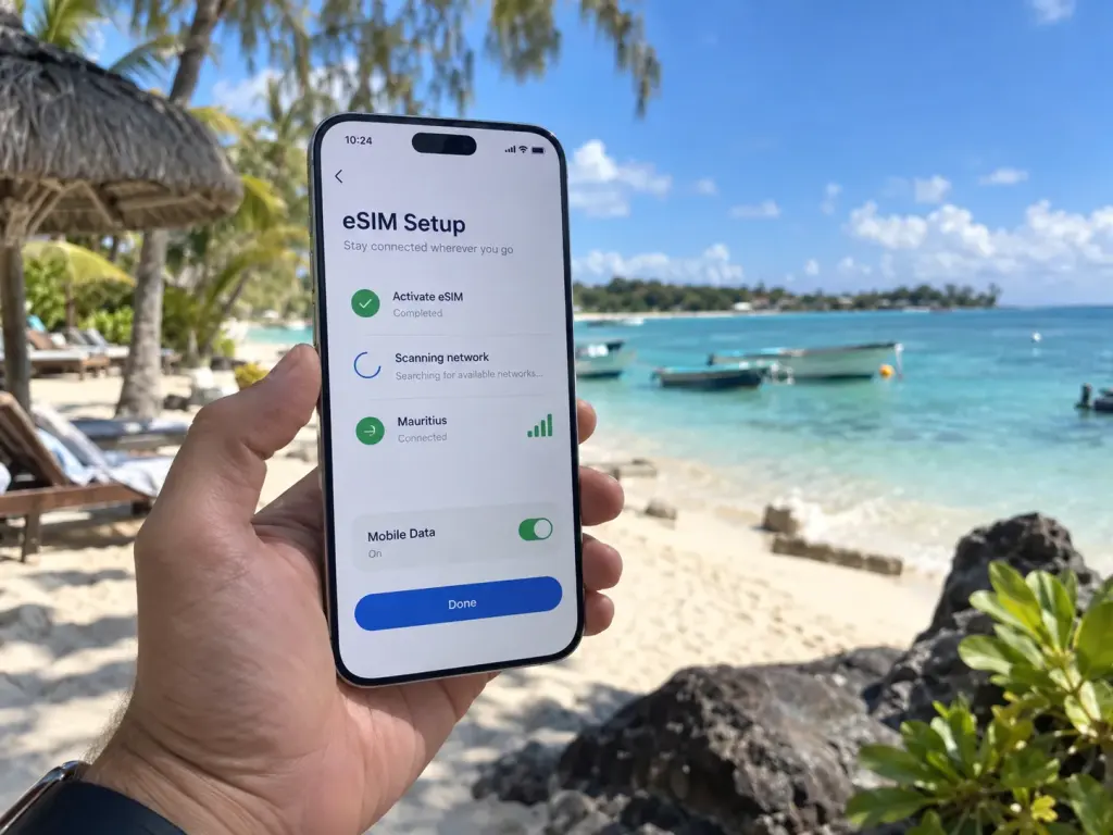 Setting up a Mauritius travel eSIM on a smartphone.